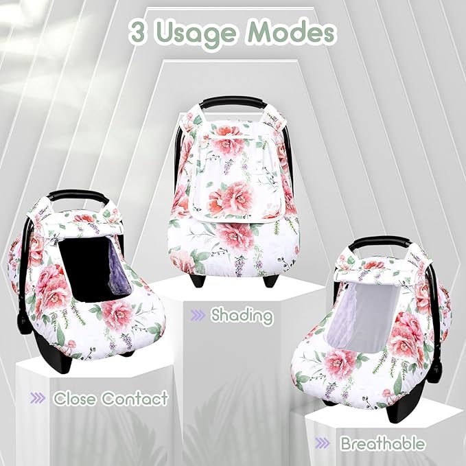 Baby Carseat Cover Girls, Pea Pod Floral Infant Car Seat Covers Canopy for Newborn with 2 Layers Windows of Breathable Mesh/Fabric, Lightweight Polyester/Minky Dot Backing, Snug Fit Most Baby Car Seat-BubblyBeeBaby