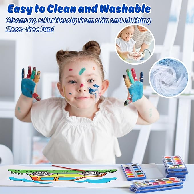 24 Packs Watercolor Paint Set Bulk, 12 Vibrant Colors Washable Watercolors with Brushes for Kids, Art Activities Painting Supplies for School Classroom Home-BubblyBeeBaby