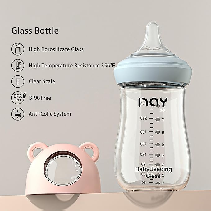 Natural Glass Baby Bottle for Breastfeeding Babies, 8oz Anti-Colic Baby Bottle with Natural Response Nipple(M), Clear, Wide Neck, 4 Pack, 3 Months+-BubblyBeeBaby