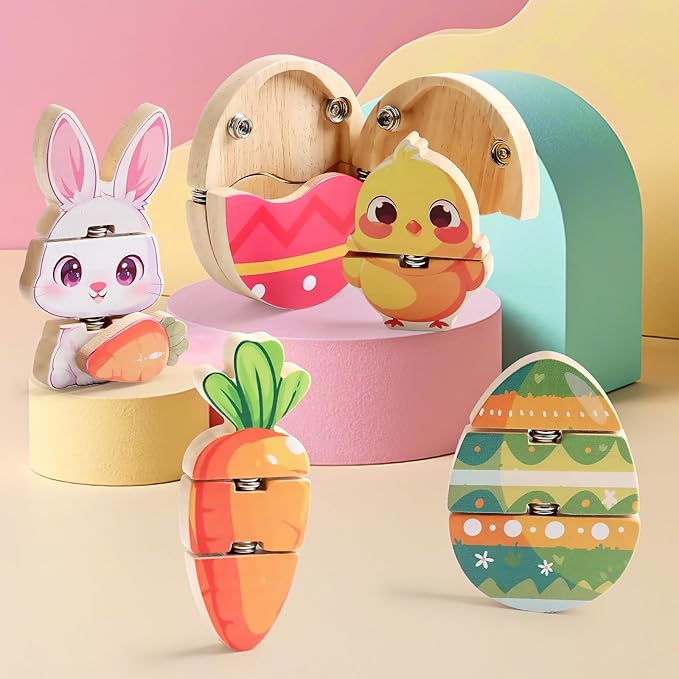 HUZU Easter Snap Builders, Easter Basket Stuffers Bunny, Carrot, Egg, Chick Wooden Puzzle Toy, Basket Essentials Take Apart & Mix Characters Kids Montessori STEM Fine Motor Skill-BubblyBeeBaby