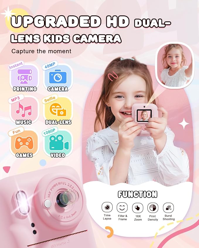 JOYJAM Kids Camera Instant Print, Upgrade Dual-Lens Selfie Digital Camera for Kids, HD 1080P, Christmas Birthday Gifts Toys for Girls Age 3-12, Toddler Portable Toy with SD Card 3 Rolls Print Paper-BubblyBeeBaby