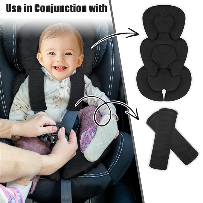 Infant Car Seat Insert Head and Body Support, GFU Reversible Newborn Insert for Carseat with Strap Pads, Soft Stroller Cushion Pillow Insert for Boys and Girls, Fits for Stroller, Swing, Black-BubblyBeeBaby