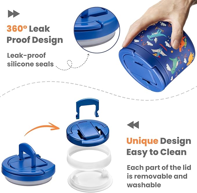 14oz Insulated Vacuum Food Jar with Buckle Lid,Soup Thermo for Hot Food Kids,Wide Mouth Leakproof Stainless Steel Lunch Container with Spoon-Dinosaur-BubblyBeeBaby