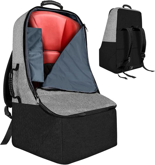 Padded Car Seat Travel Bag for Airplane, Heavy Duty Backpack for Air Travel, Water-Resistant Carrier with Shoulder Strap, Fits Most Car Seats (Grey+Black)-BubblyBeeBaby