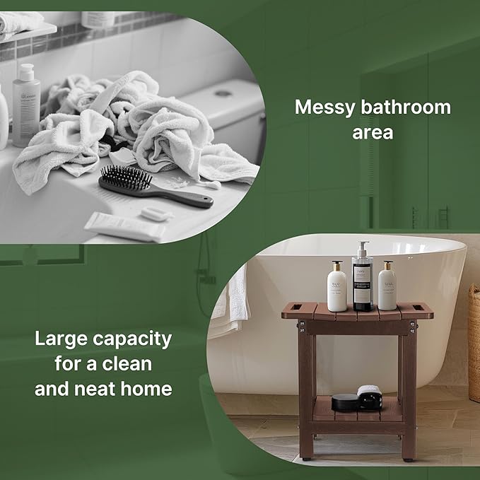 HDPE Shower Bench Seat Capacity 300LB, Waterproof Bathroom Stool with Side Carry Holes, Compact 16.8" L Design, Non-Slip Shower Seat for Elderly, Shaving Legs & Spa - Indoor/Outdoor Use(Brown)-BubblyBeeBaby