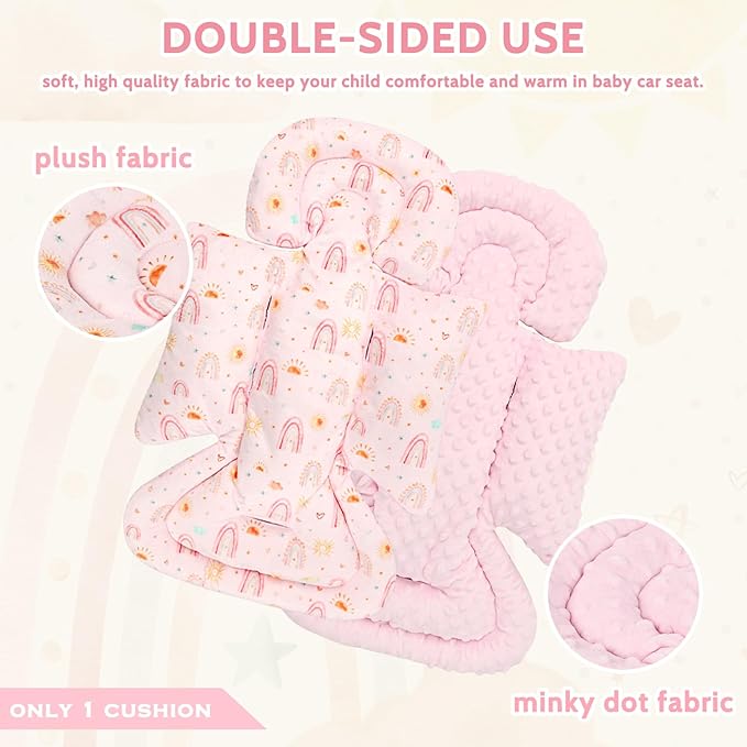 Infant Car Seat Insert and Strap Covers, Very Soft Car Seat Head Support Baby Girl Boy, Reversible Newborn Carseat Insert Cushion Fits for Stroller, Baby Swing, Bouncer (Pink Rainbow)-BubblyBeeBaby