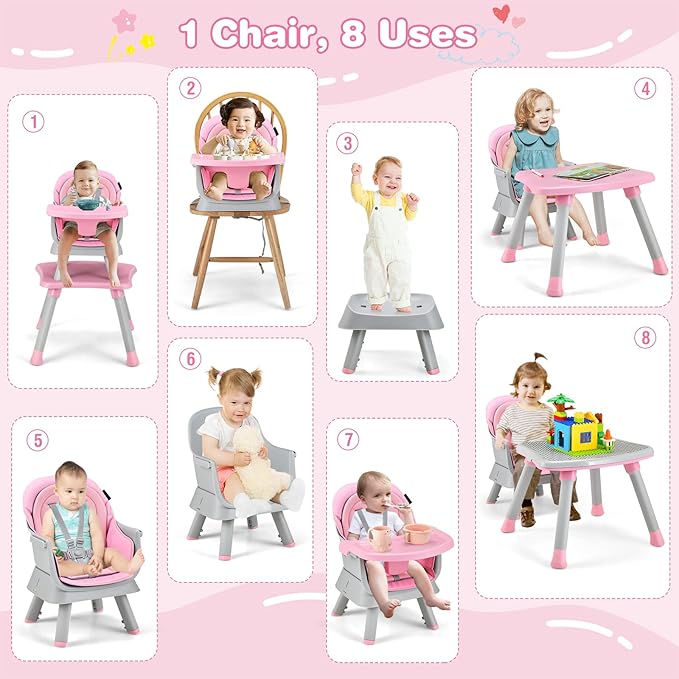 HONEY JOY 8 in 1 Baby High Chair, Convertible Highchair for Babies and Toddlers/Table and Chair Set/Building Block Table/Booster Seat/Stool/Toddler Chair with Safety Harness (Pink)-BubblyBeeBaby