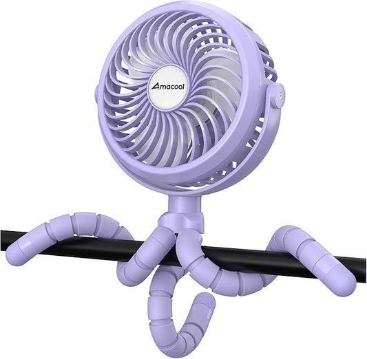 AMACOOL Battery Operated Stroller Fan Flexible Tripod Clip On Fan with 3 Speeds and Rotatable Handheld Personal Fans for Car Seat Crib Bike Treadmill (Purple)-BubblyBeeBaby