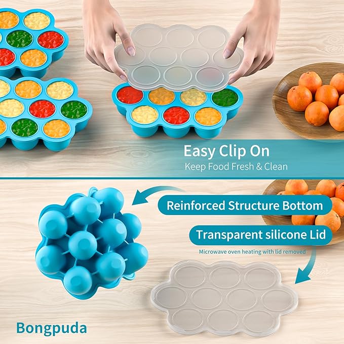 10 Cavities 2 OZ Portions Silicone Baby Food Freezer Tray with Lid, Baby Food Storage Containers,For freezing and storing Breast Milk,ice cube,Fruit Purees,leftovers(Blue)-BubblyBeeBaby