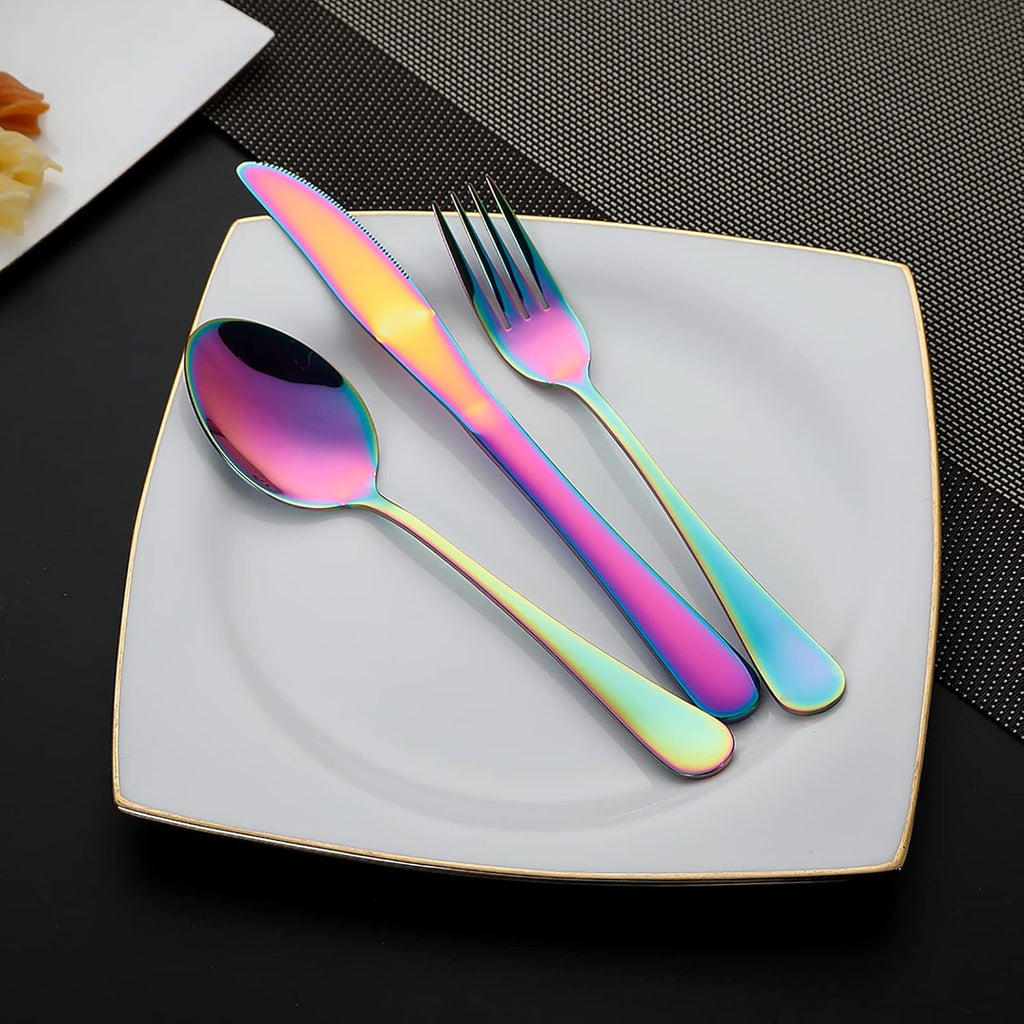 DEVICO Portable Utensils, Travel Camping Cutlery Set, 8-Piece including Knife Fork Spoon Chopsticks Cleaning Brush Straws Portable Case, Stainless Steel Flatware set (Rainbow)