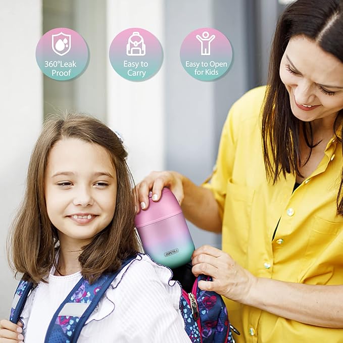 17 oz Insulated Lunch Containers Hot Food Jar, Wide Mouth Lunch Thermo for Kids Adults, Vacuum Stainless Steel Lunch Box With Handle Folding Spoon for School, Office (Blue-Pink)-BubblyBeeBaby