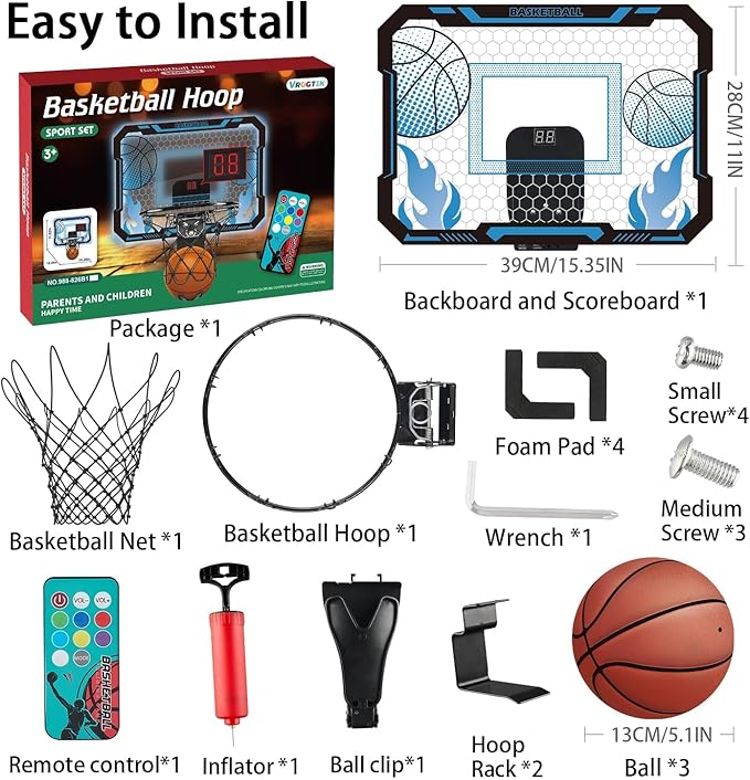 Indoor Basketball Hoop for Kids with Led Lights Mini Basketball Hoop with Remote Control Over The Door Basketball Hoops with Scoreboard Basketball Toys for 4-12 Year Old Boys Girls-BubblyBeeBaby