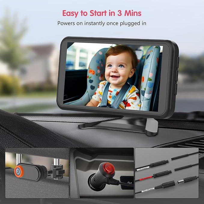 BM2 Car Camera for Baby, 5.2" 1080P Screen with 3X Zoom, Clear Rear-Facing View, 360° Rotating Lens, Easy Installation – Safety for Infants and Pets-BubblyBeeBaby