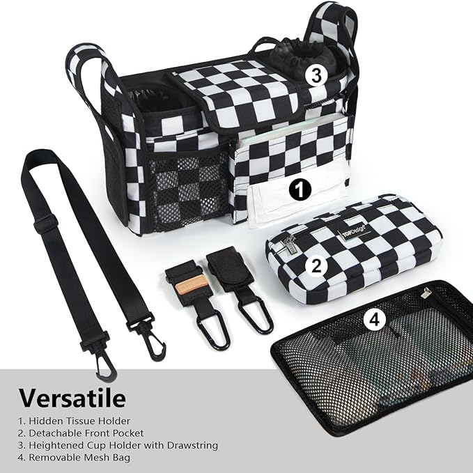 TOPDesign Universal Baby Stroller Organizer, Stroller Caddy with Detachable Mesh Bag & Heightened Insulated Cup Holders & Non-Slip Secure Hooks Accessories, Fits Most Strollers (Checkerboard)-BubblyBeeBaby