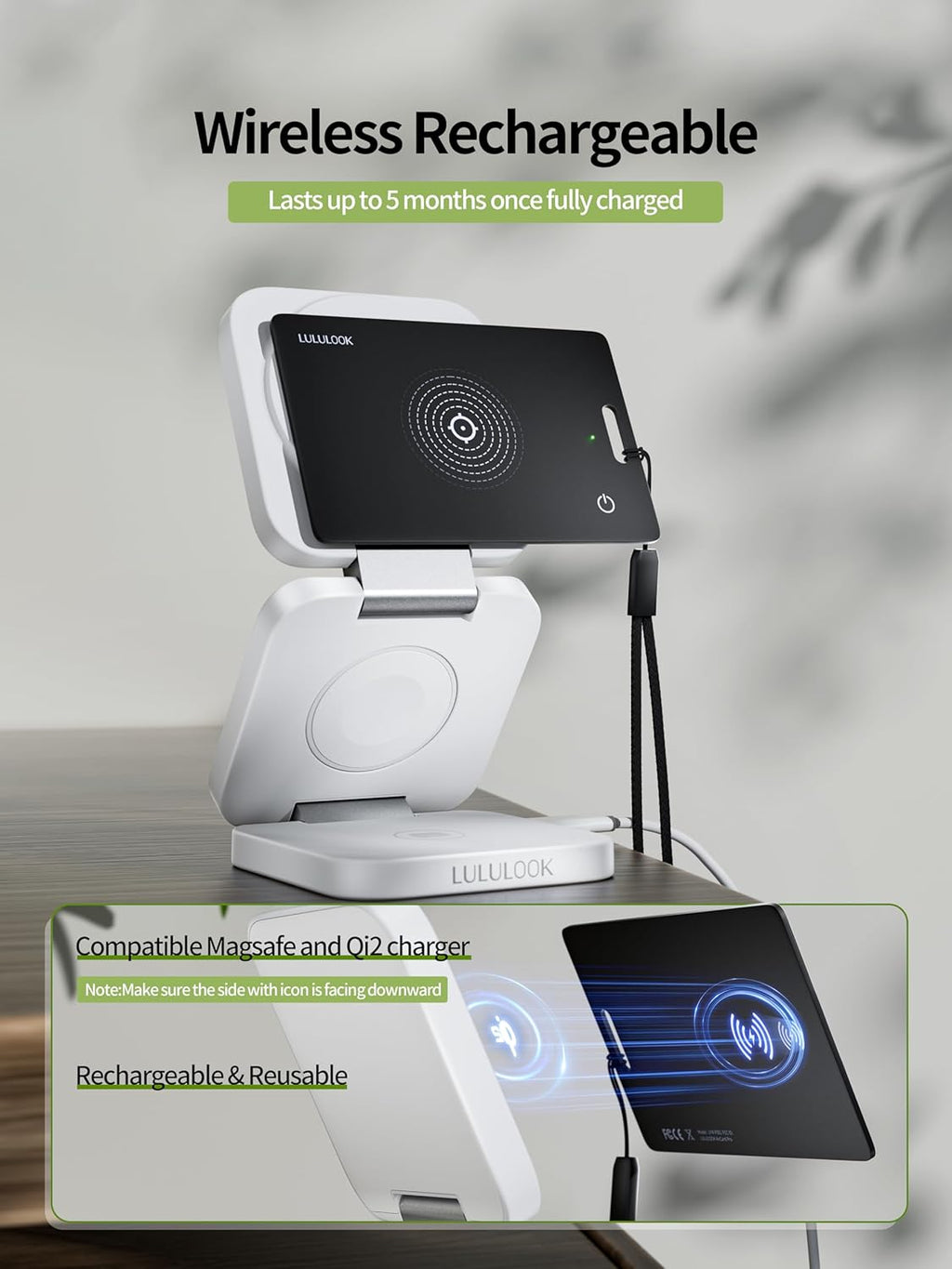 LULULOOK Wallet Tracker Card, Ultra Slim Airtag Wallet Works with Apple Find My (iOS Only), Wireless Rechargeable GPS Smartcard Tracker for Luggage, Tags, Passport, Purse, IP68 Waterproof, 1 Pack