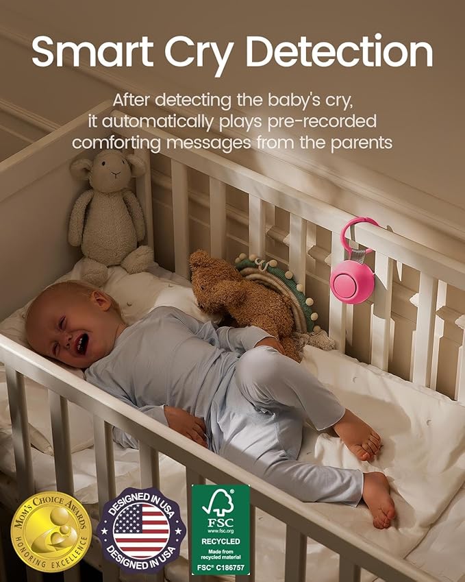 2025 Mom's Choice Awards, Portable Sound Machine for Baby Adult, AI Cry Detection, 18 Soothing Sound, Bluetooth Rechargeable White Noise Machine for Home Travel, Nursery Light, Barbie Pink-BubblyBeeBaby