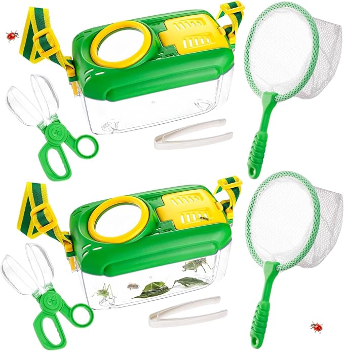 2 Set Bug Catcher for Kids- Educational Bug Catching Kit Including Butterfly Net, Insect Clip, Tweezer, Outdoor Toys for Kids Ages 3-10 (Green)-BubblyBeeBaby