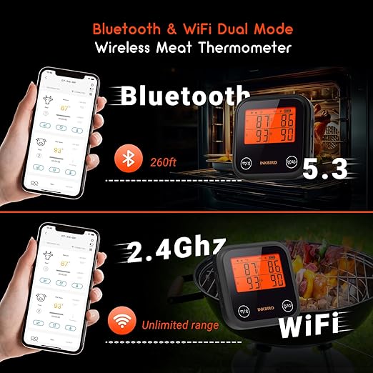 INKBIRD Dual Mode WiFi Wireless Meat Thermometer, 4 Probes with Clear LCD for Smoking, Bluetooth Meat Thermometer with Smart APP Control for Oven, Cooking-BubblyBeeBaby