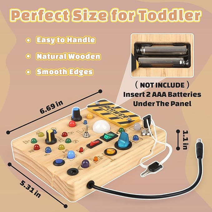 Joyreal Montessori Busy Board Wooden Sensory Toys for Toddler with LED Light Up Switch, Baby Fidget Board Travel Toys for 18+ Months, 1 2 3 Year Old Boys Girls Toddler Toy Gifts (Classic)-BubblyBeeBaby