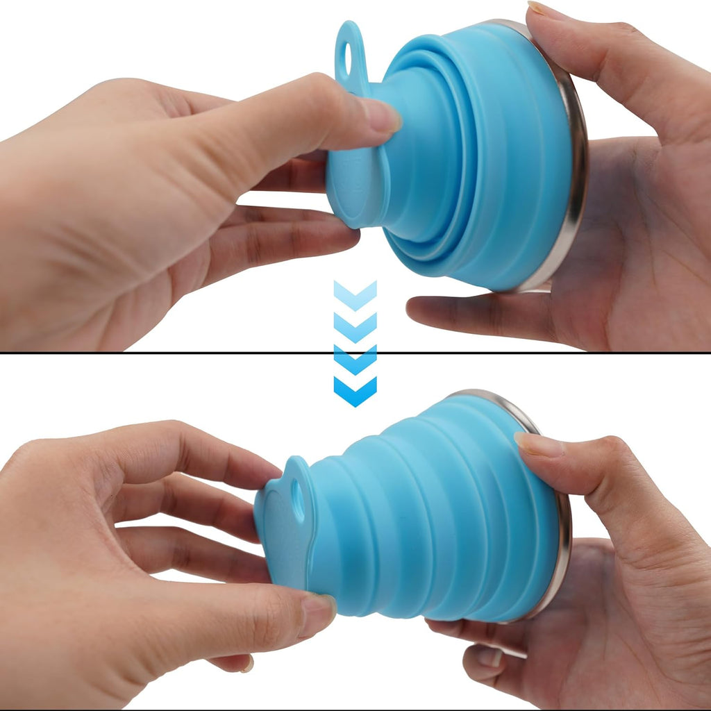 2 Pack Silicone Collapsible Travel Cup with Lids, Portable Folding Camping Cup Sets for Camping Hiking Outdoors Travel, Grey & Blue