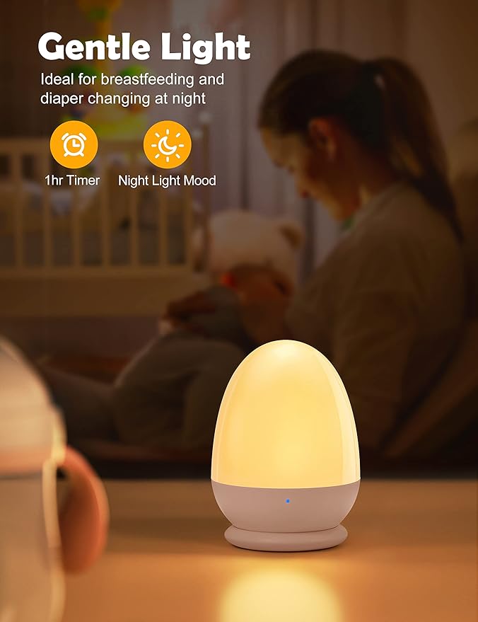 JolyWell Night Lights for Kids with Stable Charging Pad, Touch Control&Timer Setting, ABS+PC Baby Egg Lamp for Breastfeeding，Pink-BubblyBeeBaby