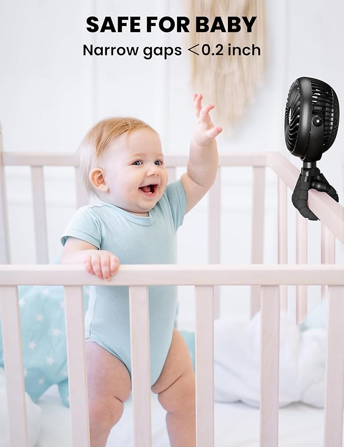 AMACOOL Baby Stroller Fan - 5000mAh Rechargeable, 3-Speed, Strong Yet Quiet, 360°Rotate Portable Clip on Fan for Travel, Car Seat, Crib, Bike, Treadmill, Beach Vacation Essentials-BubblyBeeBaby