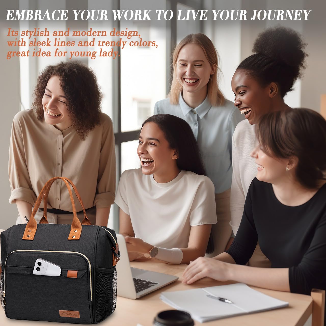 Black Lunch Box for Women Insulated Lunch Bag for Work - Adult Stylish Lunch Tote Bag for Shopping Soft Cooler for Beach Picnic Travel