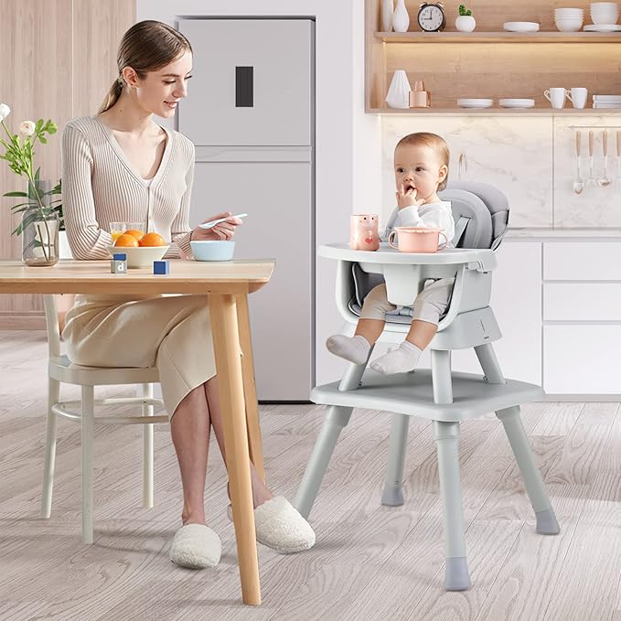 HONEY JOY 8 in 1 Baby High Chair, Convertible Highchair for Babies and Toddlers/Table and Chair Set/Building Block Table/Booster Seat/Stool/Toddler Chair with Safety Harness (Gray)-BubblyBeeBaby