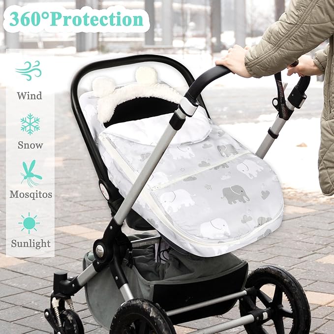 Carseat Cover Boys, Winter Cozy & Warm Cover, Elephant Baby Car Seat Cover, Infant Car Seat Canopy, Ultra-Soft Breathable Protect Baby from Cold Wind, Zipped Removable Design-BubblyBeeBaby