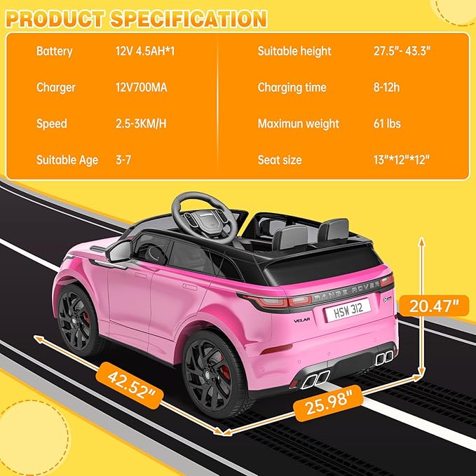 Hetoy Kids Ride On Car with Remote, Licensed Land Rover Kids Electric Car, Ride On Toys for Kids 3-8 with Mp3 Player, Rocking, Pull Rod, Pink-BubblyBeeBaby