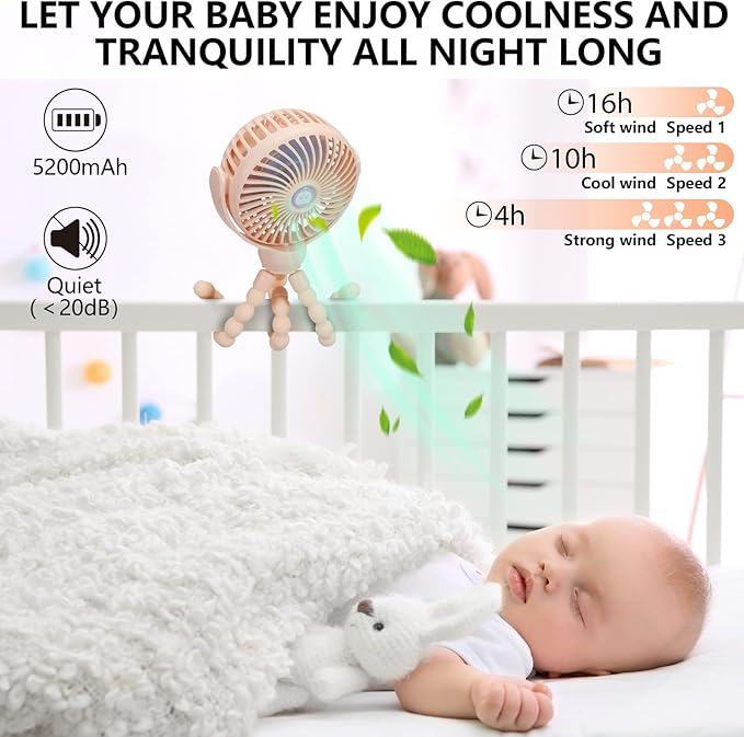 snawowo Mini Portable Baby Stroller Fan, Battery Operated Clip on Fan, Rechargeable 360° Rotate Flexible Tripod Handheld Cooling for Car Seat Crib Treadmill Travel（Pink）-BubblyBeeBaby