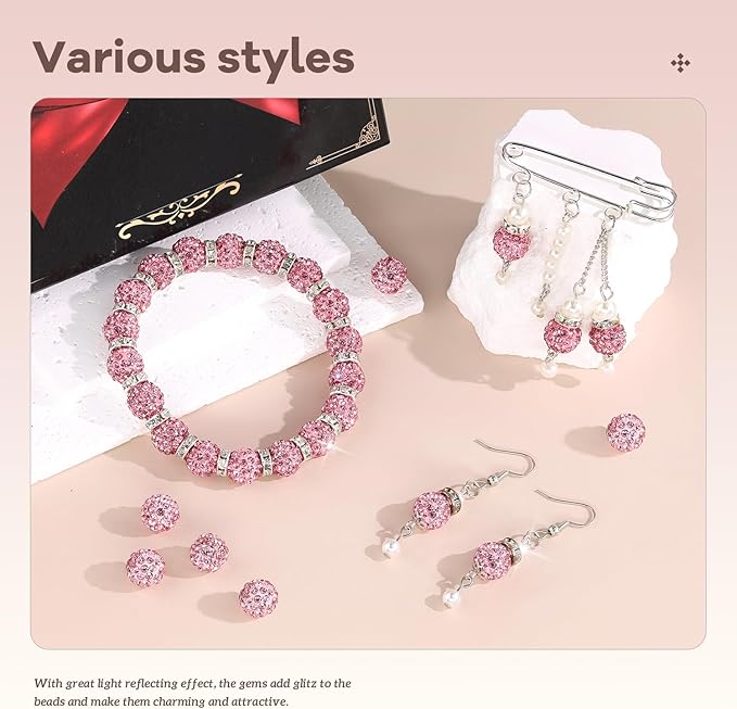 160pcs 10mm Rhinestone Beads for Jewelry Making, Pink Shiny Round Disco Ball Beads Bulk, Sparkle Crystal Clay Christmas for Bracelet Baseball Necklace Earring Crafting and DIY-BubblyBeeBaby