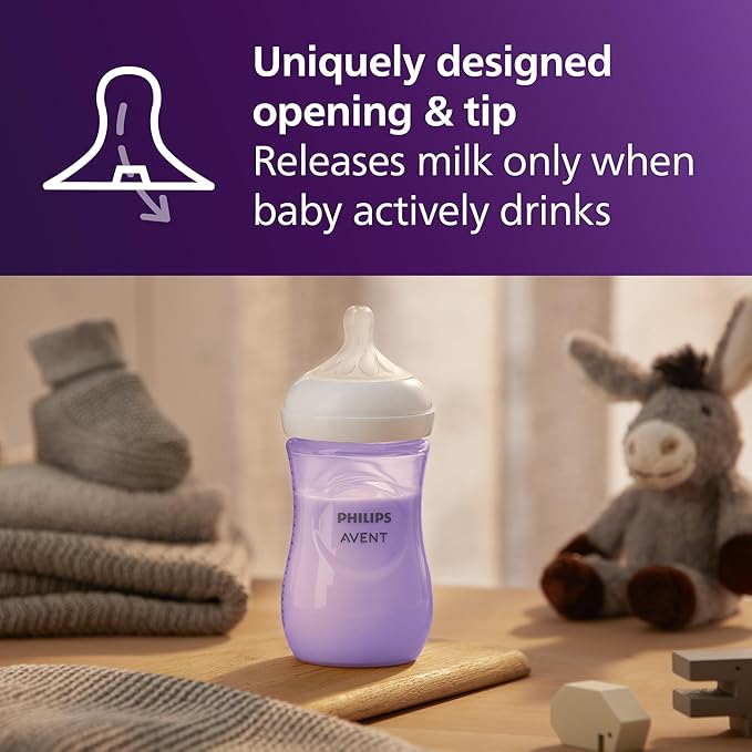 Philips Avent Natural Baby Bottles with Natural Response Nipples (Medium Flow, Flow 3), 9oz, Purple, 4-Pack, SCY903/34-BubblyBeeBaby
