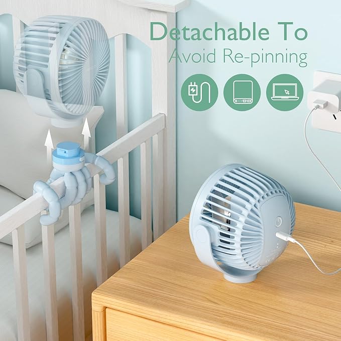 Momcozy Portable Stroller Fan, 8000mAh, 27H Ultra-long Battery Life, Detachable 4 Speed 360°Rotate, LED Night Light with 2 Modes, USB Rechargeable Handheld Cooling Fan for Travel, Car Seat, Bedroom-BubblyBeeBaby