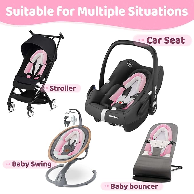 Pro Goleem Breathable 3-in-1 Baby Car Seat Head Support, Soft Infant Car Seat Insert, Carseat Cushion for Newborn, Perfect for Car Seat, Strollers, Swings, Carrier, Bouncer, Pink and White-BubblyBeeBaby