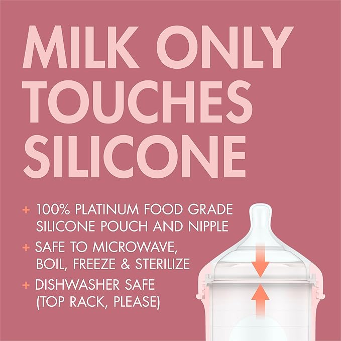 Boon Nursh Reusable Silicone Pouch Baby Bottles - Medium Flow Nipple - Silicone Baby Bottle Pouch and Nipple - Baby Feeding Essentials - Pink - 3-6 Months - 3 Count - 8 Ounce-BubblyBeeBaby