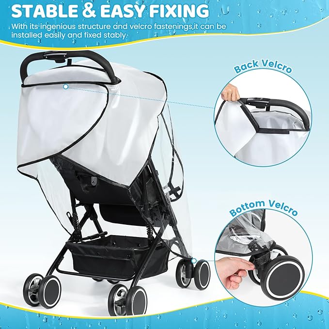 Universal Clear Stroller Rain Cover, No-Zip Waterproof Stroller Cover - Food Grade EVA & Frosted PVC, Baby Travel Weather Shield, Breathable Rain Cover for Most Single Strollers, Black-BubblyBeeBaby