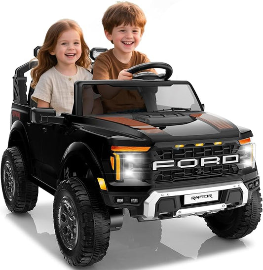 24V Ride on Car Licensed Ford F-150 Raptor, Kids Electric Car with Remote Control, LED Light/Music/MP3, Truck Bed Storage, 3-Point Seat Belt (24V, Black)-BubblyBeeBaby