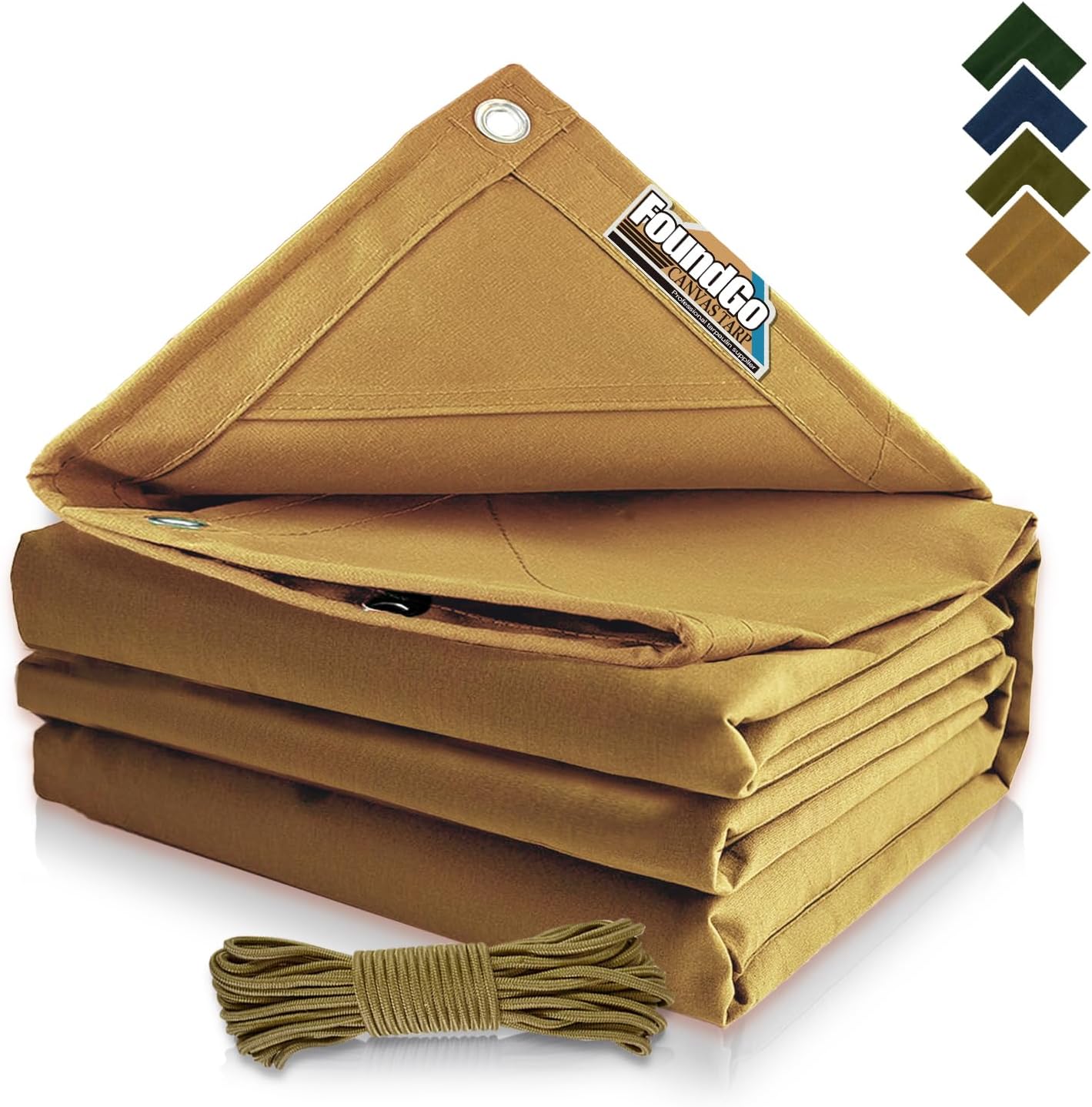 FoundGo 20x24ft Canvas Tarp 22 Mil Tarps 14 oz Canvas Tarpaulin Heavy Duty Cloth Water/UV Resistant Cover with Rustproof Grommets & Ropes for Cars,Roofs,Boats,Camps,Sunshades，Moisture Barrier -Tan