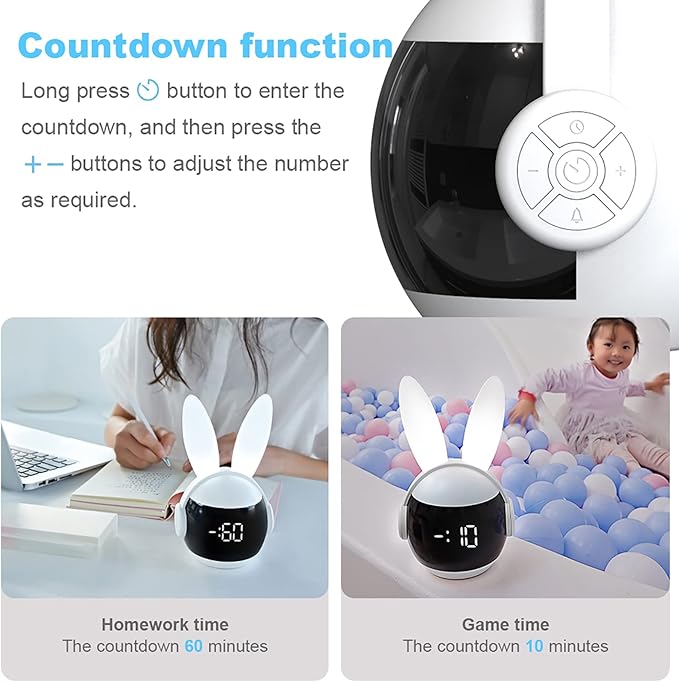 Kids Alarm Clock for Kids, Bunny Alarm Clocks for Girls Boys, White Kid Alarm Clock with Ringtones & Night Light Rechargeable Snoozing-BubblyBeeBaby