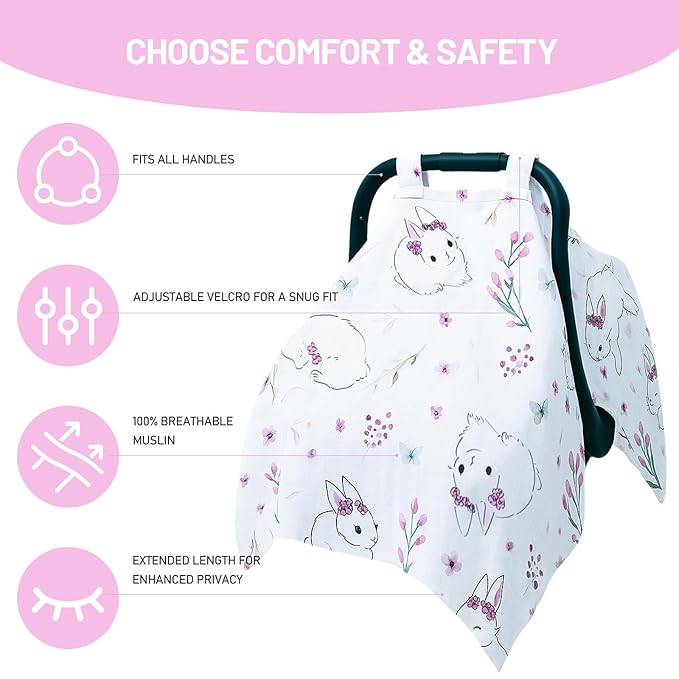 80S Muslin Car Seat Cover for Babies - Soft & Breathable Infant Carrier Canopy, Lightweight Sunshade for Summer, Universal Fit for Baby Boys & Girls-BubblyBeeBaby