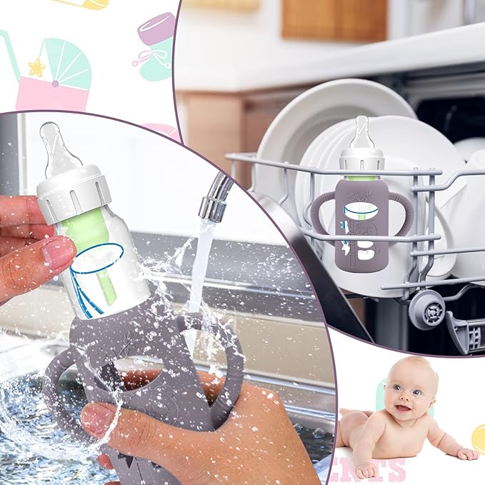 BUSOHA 3 Pack Silicone Sleeves for Dr. Brown's Glass Baby Bottles - Drop Protection Baby Bottle Sleeves,Compatible with Dr. Brown's Newborn Glass Bottles,with Silicone Handles,4 oz-BubblyBeeBaby