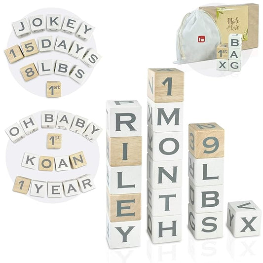 I'm Solid Wood Baby ABC Alphabet Milestone Age Blocks, Personalized Own Name, Gender Neutral, Newborn Gifts & Keepsakes for Picture Props (1.9" / 16 Pcs/White)-BubblyBeeBaby