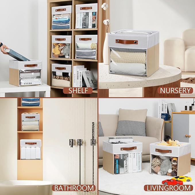 HNZIGE 11 Inch Foldable Fabric Storage Cubes - Clear Bins for Shelves, Canvas Cube Organizer Bins (White Beige 6 PCS)-BubblyBeeBaby