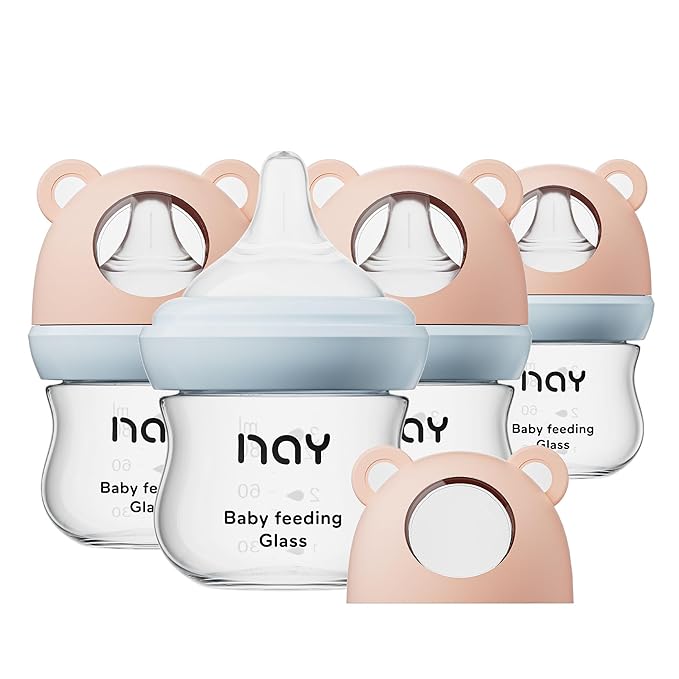 Natural Glass Baby Bottle for Breastfeeding Babies, 3oz Newborn Anti-Colic Baby Bottle with Slow Flow Nipples (SS), Clear, Wide Neck, 4 Pack, 0 Months+-BubblyBeeBaby
