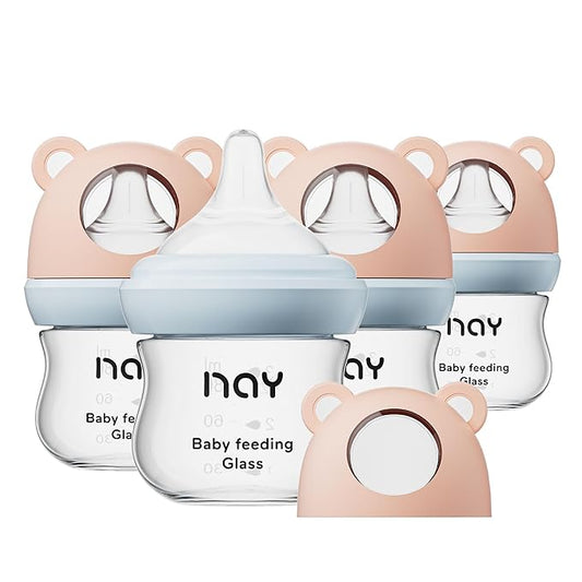 Natural Glass Baby Bottle for Breastfeeding Babies, 3oz Newborn Anti-Colic Baby Bottle with Slow Flow Nipples (SS), Clear, Wide Neck, 4 Pack, 0 Months+-BubblyBeeBaby
