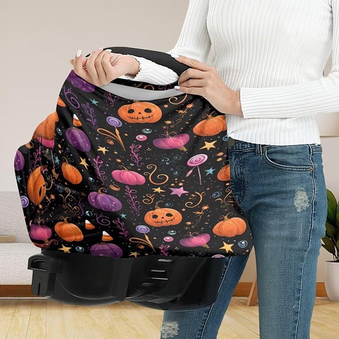 Binienty Infant Carseat Canopy, Cute Halloween Pumpkin Nursing Cover Soft Breathable Baby Car Seat Covers, Gifts for Mom Lover Wife-BubblyBeeBaby