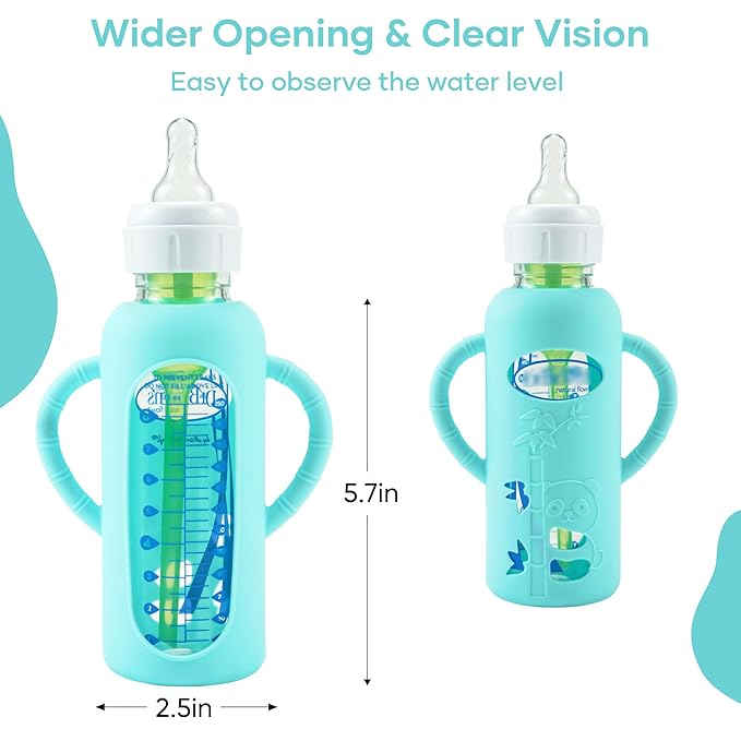 2 Pack Silicone Sleeves for Dr. Brown's Glass Baby Bottles, Anti Breakage Durable Baby Bottle Holder with Easy Grip Handles, Narrow Sleeve with a Cutout, Dishwasher/Freezer/Microwave Safe, 8 oz-BubblyBeeBaby
