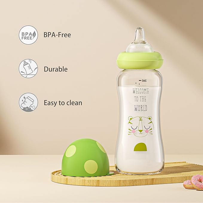 YOHKOH Natural Glass Baby Bottle with Natural Response Nipple, Newborn Anti-Colic Baby Bottles, Wide Neck Mushroom Cap Baby Bottle, Clear (8.8ounce (Pack of 2), Green1)-BubblyBeeBaby
