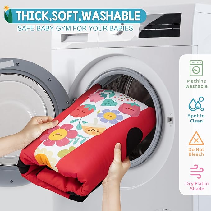 Jyusmile Baby Play Gym Mat, 8-in-1 Tummy Time Mat with 6 Toys, Washable Baby Activity Mat for Visual, Hearing, Sensory, Motor Development, Baby Essentials Gift for Newborn Infant 0-3-6-9-12 Months-BubblyBeeBaby